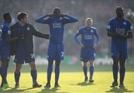 SOUTHAMPTON, ENGLAND - JANUARY 22: (L to R) Demarai Gray, Shinji Okazaki, Wilfred Ndidi Wes Morgan of Leicester City applaud away supporters after his team's defeat in the Premier League match between Southampton and Leicester City at St Mary's Stadium on January 22, 2017 in Southampton, England.  (Photo by Mike Hewitt/Getty Images)
